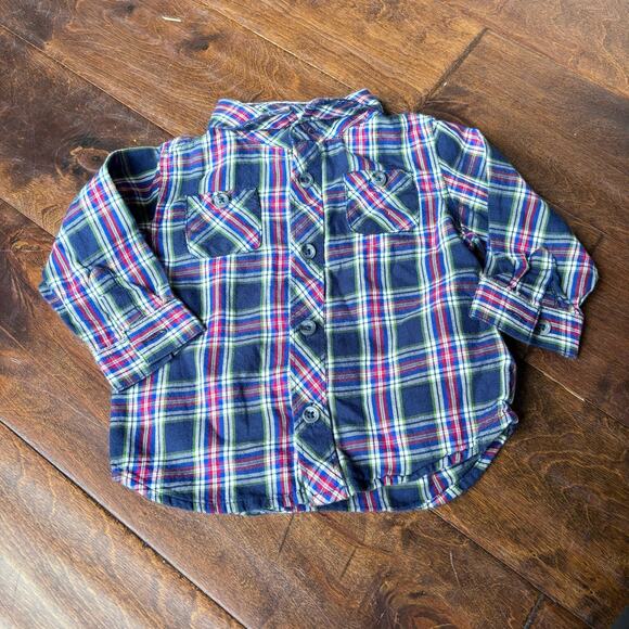 Old Navy Boys 6-12 Month 9 Month Blue Red Green Plaid Button Down Collared Shirt - Picture 1 of 4